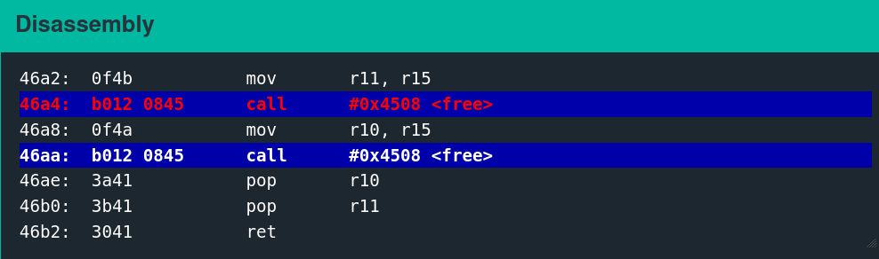 Breakpoints set before calls to free function.